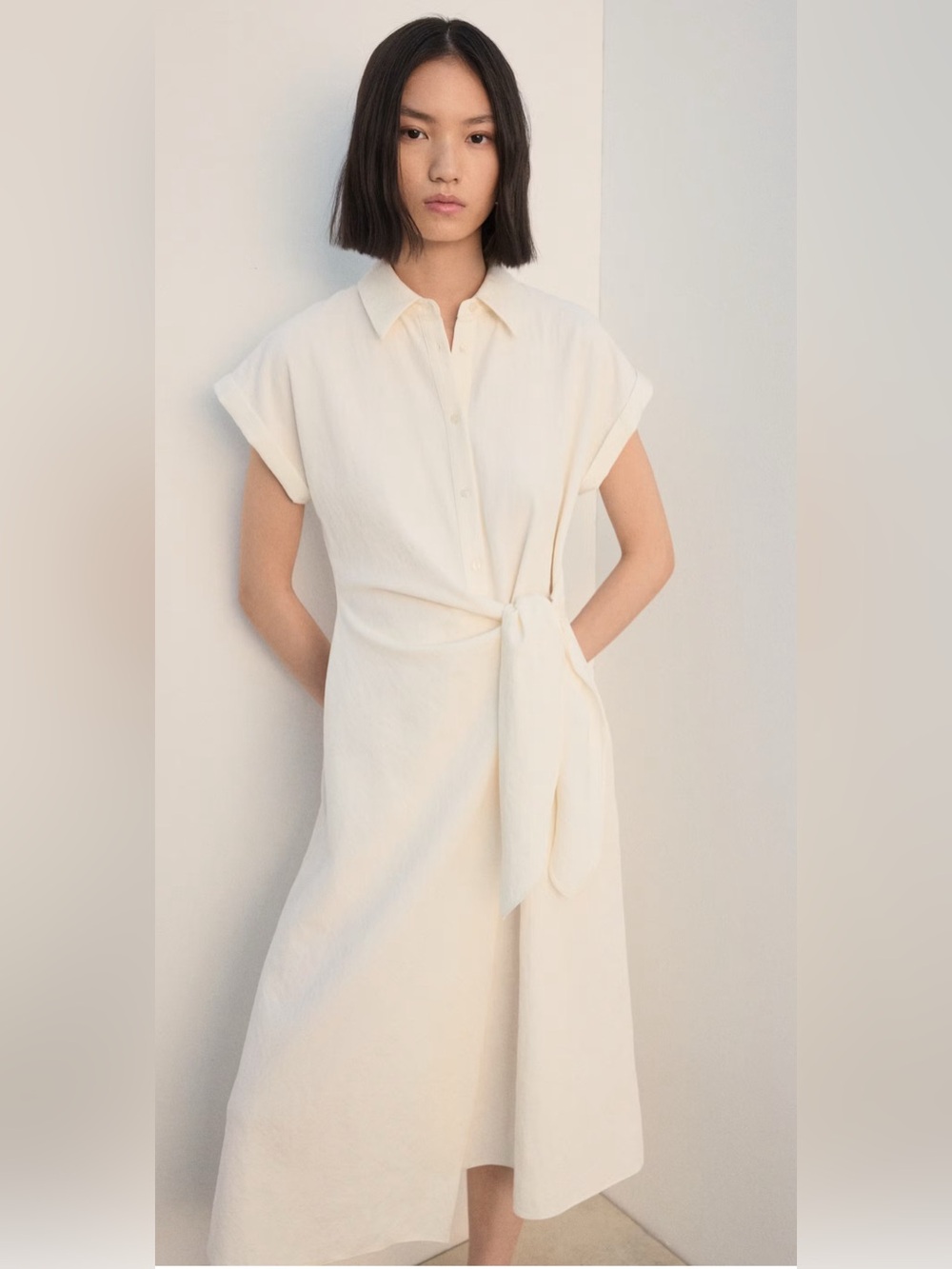 Mango Cream Button-Front Tie-Waist Midi Dress